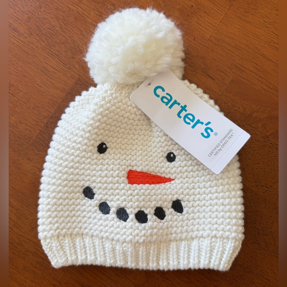 NWT Carters Infant Snowman Face Cotton Knit  Pom Pom Beanie Hat Size 0-3 Mths